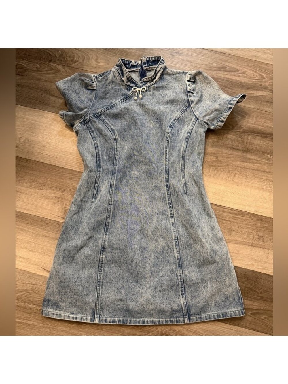Denim Mini Dress with Puff Sleeves And Pearl Bow